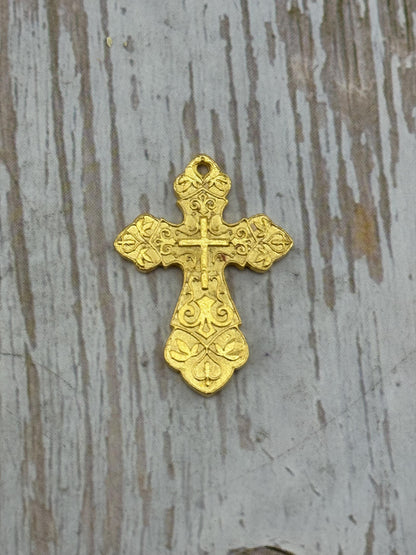 Large Ornate Cross Charm, Satin 18k Gold Plated - ST186
