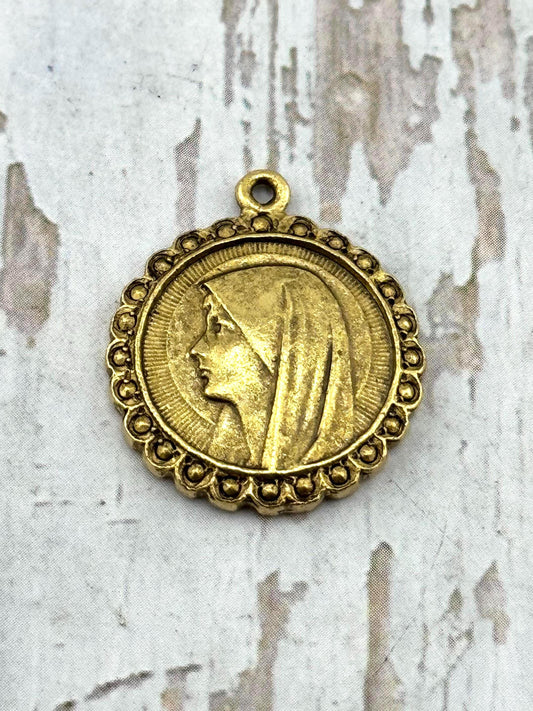 Mother Mary Our Lady of Lourdes Medal, Antiqued 18K Gold Plated Medal - AG002