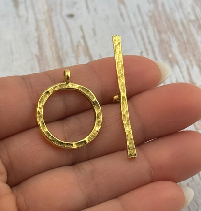 Large Hammered Round Toggle Clasp, Antiqued 18k Gold Plated - AG022