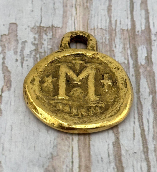 Large Byzantine Replica Coin Pendant, Antiqued 18k Gold Plated - AG110