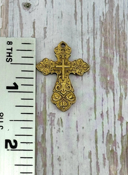Large Ornate Christian Cross Pendant, Antiqued 18k Gold Plated - AG006