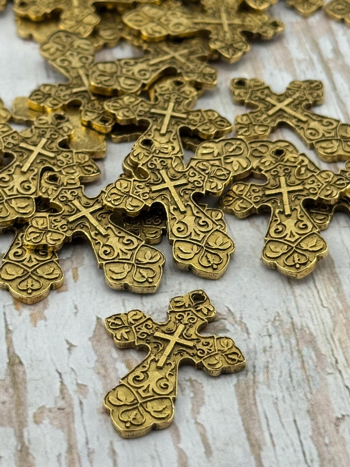Large Ornate Christian Cross Pendant, Antiqued 18k Gold Plated - AG006