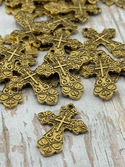 Large Ornate Christian Cross Pendant, Antiqued 18k Gold Plated - AG006