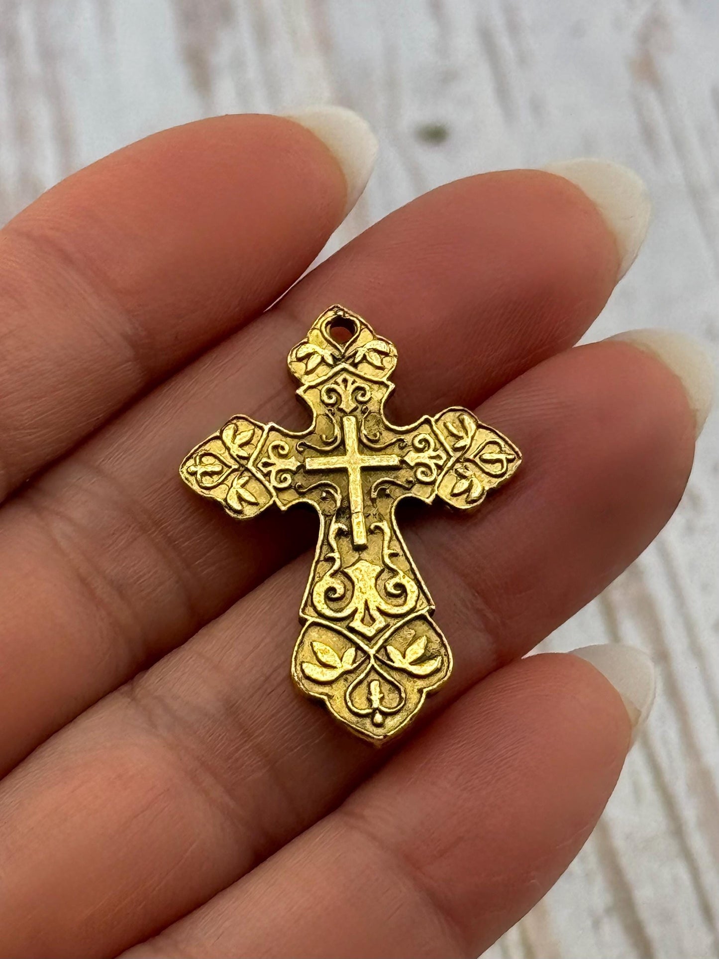 Large Ornate Christian Cross Pendant, Antiqued 18k Gold Plated - AG006