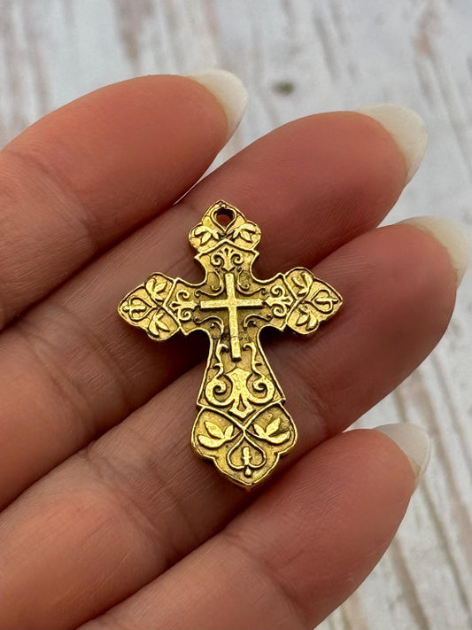 Large Ornate Christian Cross Pendant, Antiqued 18k Gold Plated - AG006