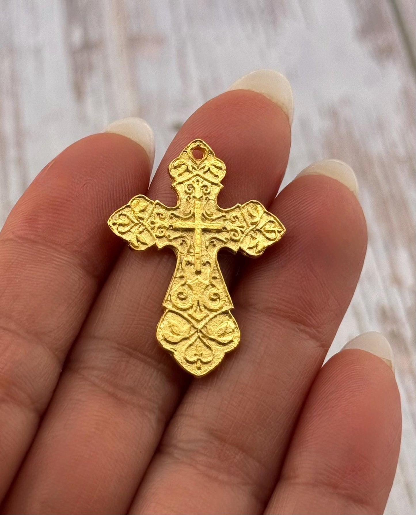 Large Ornate Cross Charm, Satin 18k Gold Plated - ST186
