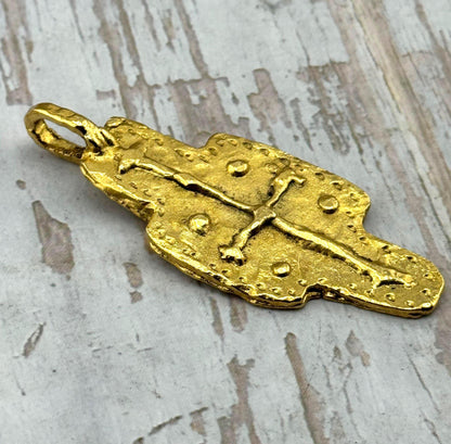 Rustic Double-Sided Cross Pendant, Antiqued 18k Gold Plated - AG555