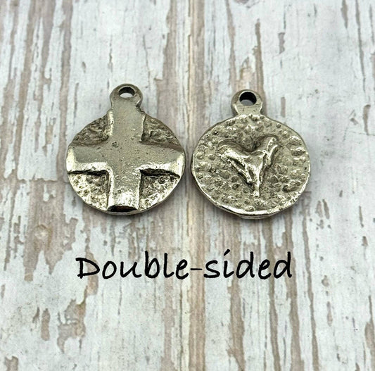 Double-sided Cross and Heart Pendant, Antiqued Pewter - PT467