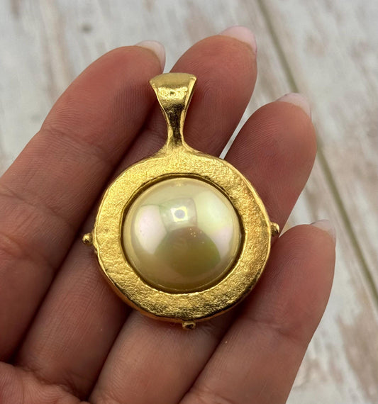 Large AB Pearl Charm, Antiqued 18k Gold Plated - AG591
