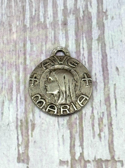 Our Lady of Lourdes Ave Maria Medal, Antiqued Pewter - PT460