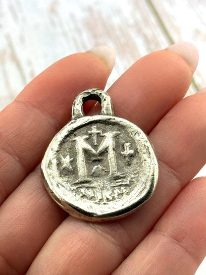 Amuleto de moneda Follis bizantino réplica, peltre envejecido - PT470