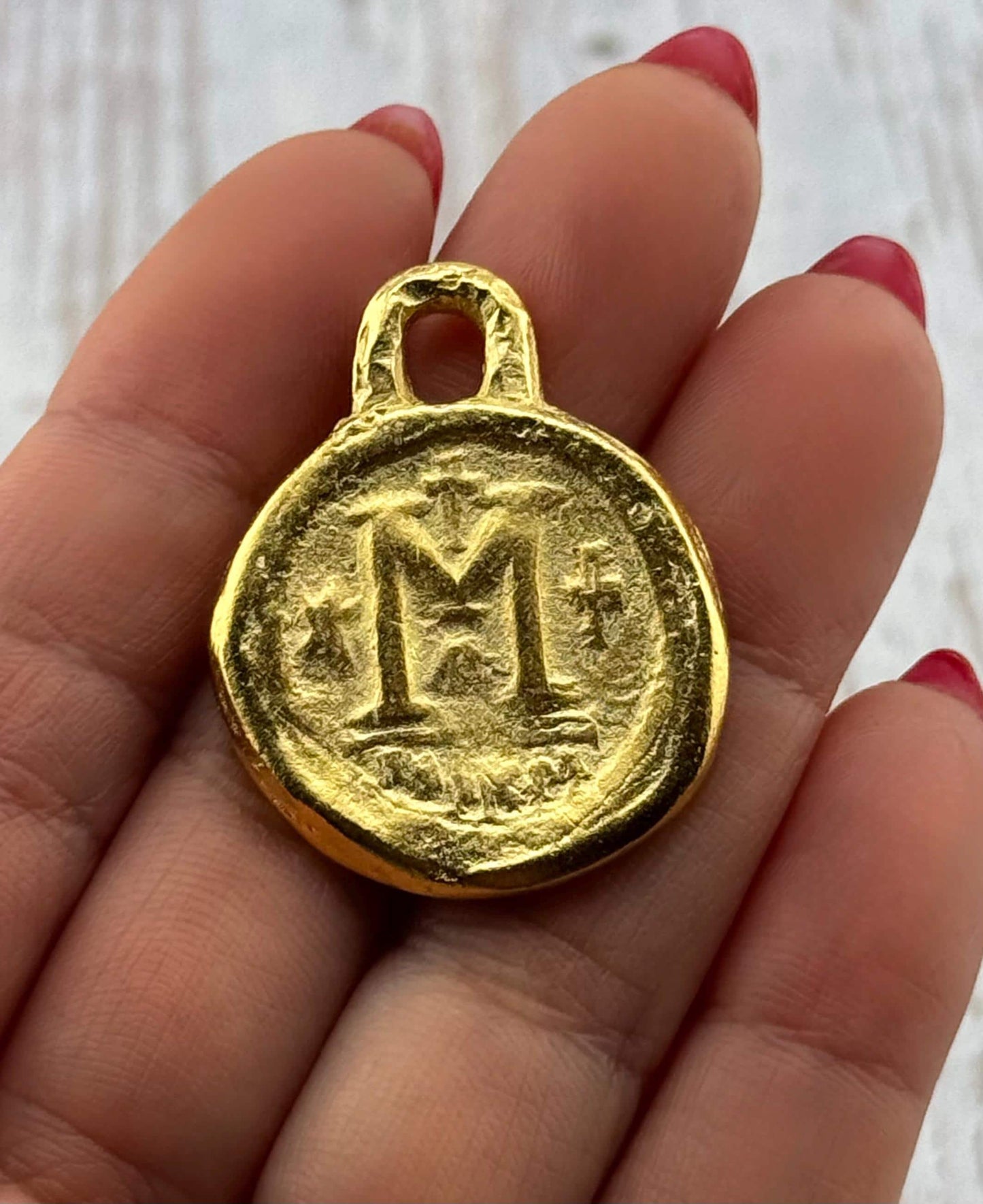 Follis Coin Byzantine Replica Pendant, Satin 18k Gold Plated - ST290