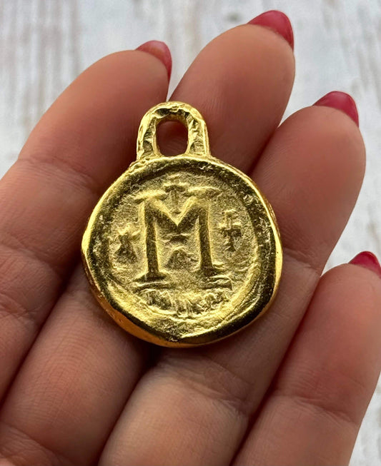 Follis Coin Byzantine Replica Pendant, Satin 18k Gold Plated - ST290