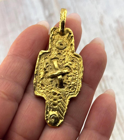 Rustic Double-Sided Cross Pendant, Antiqued 18k Gold Plated - AG555