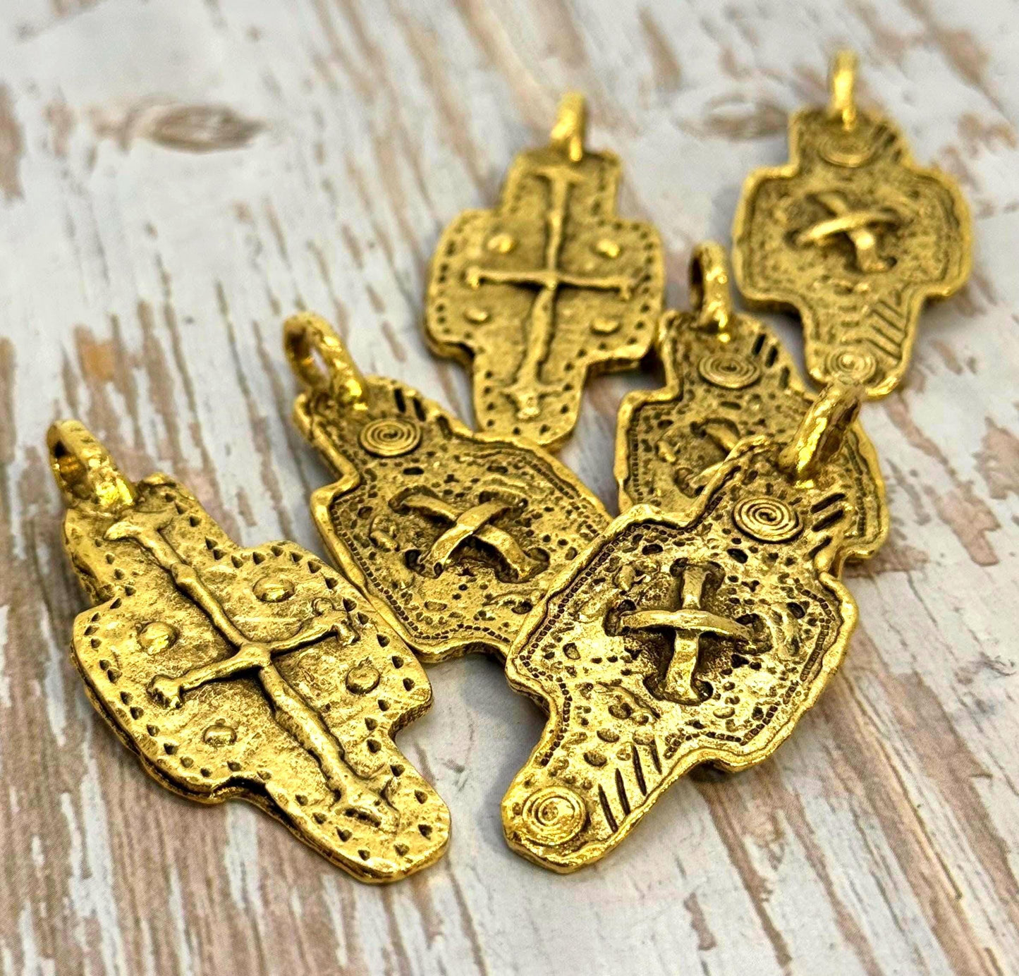 Rustic Double-Sided Cross Pendant, Antiqued 18k Gold Plated - AG555