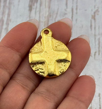 Double-sided Cross & Heart Pendant, Satin 18k Gold Plated - ST287