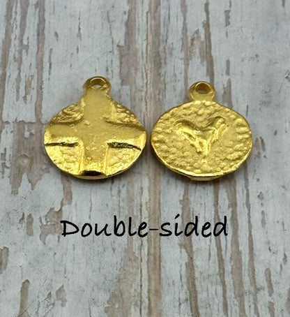 Double-sided Cross & Heart Pendant, Satin 18k Gold Plated - ST287