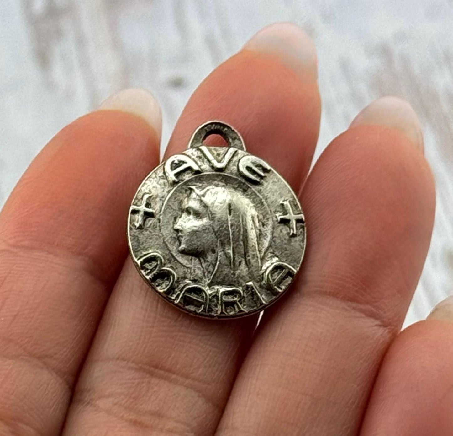 Our Lady of Lourdes Ave Maria Medal, Antiqued Pewter - PT460