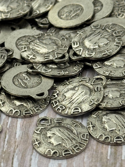 Our Lady of Lourdes Ave Maria Medal, Antiqued Pewter - PT460