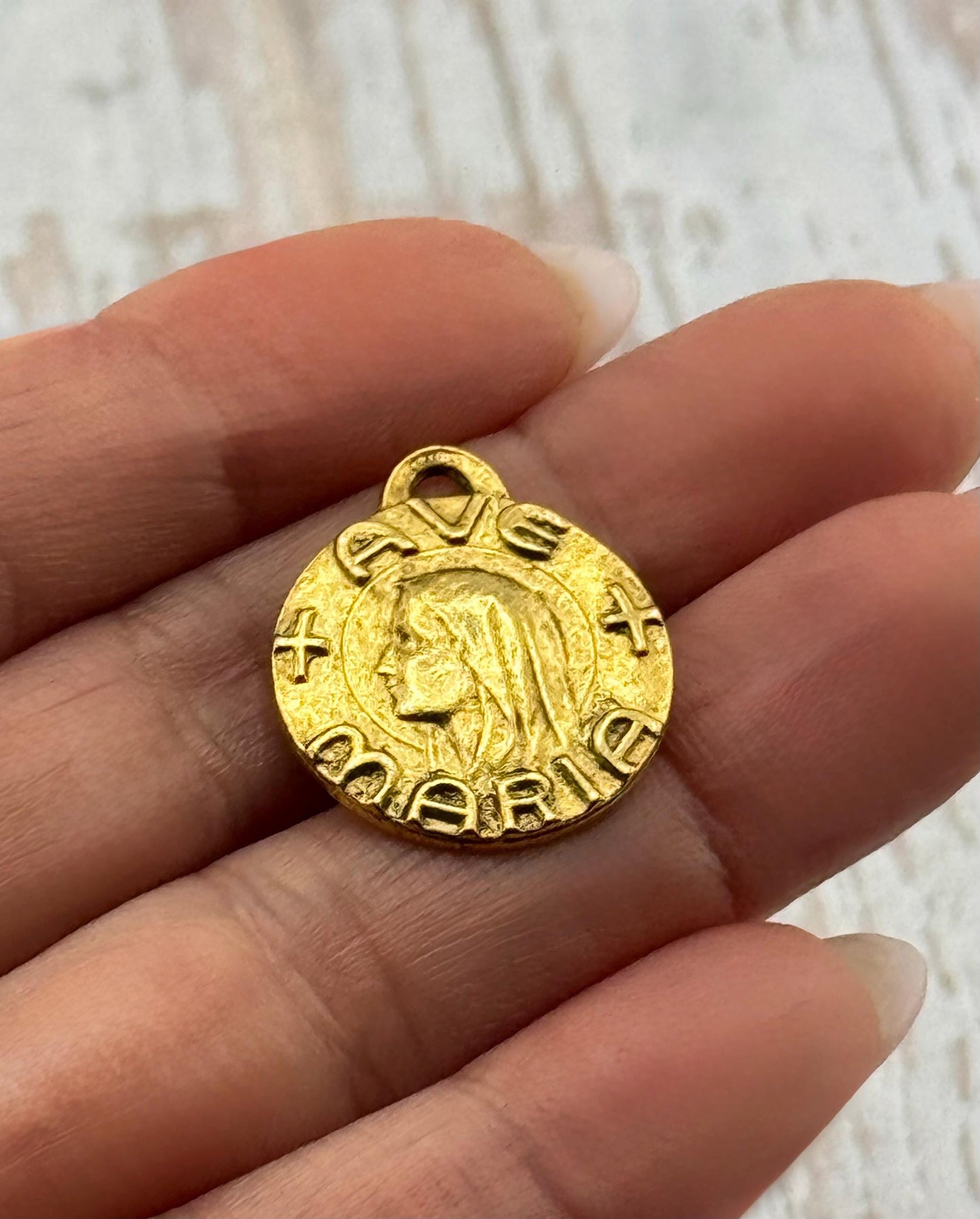 Our Lady of Lourdes Ave Maria Medal, Antiqued 18k Gold Plated - AG100