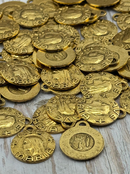 Our Lady of Lourdes Ave Maria Medal, Antiqued 18k Gold Plated - AG100