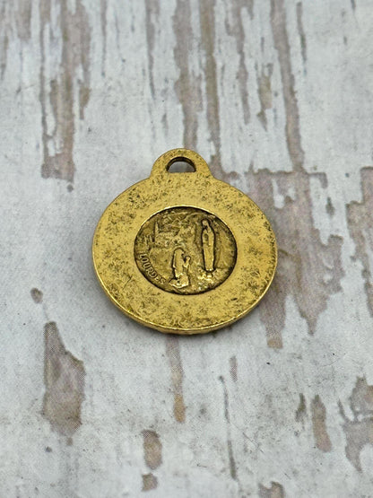 Our Lady of Lourdes Ave Maria Medal, Antiqued 18k Gold Plated - AG100