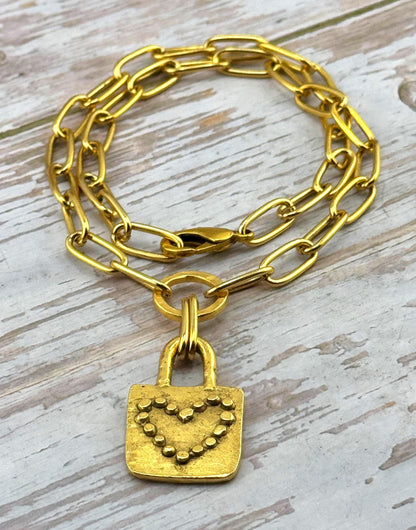 Pendentif Cœur Cadenas Massif, Étain Vieilli - PT475