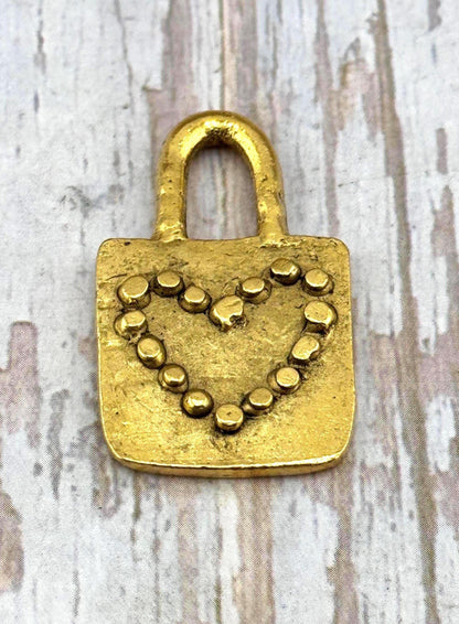 Grand pendentif Cœur Cadenas, Plaqué or 18 carats vieilli - AG115