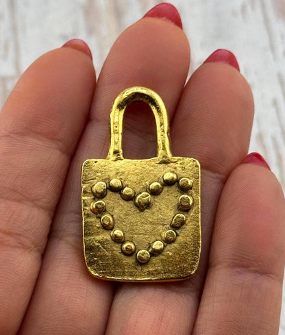 Grand pendentif Cœur Cadenas, Plaqué or 18 carats vieilli - AG115
