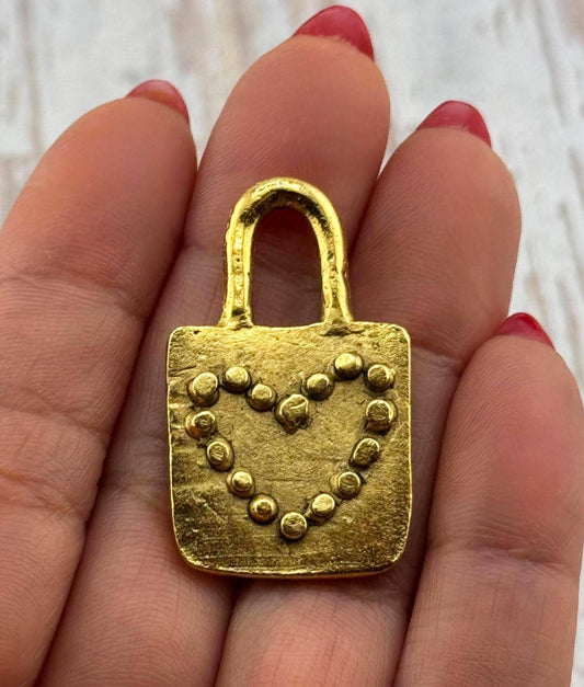 Large Padlock Heart Pendant, Antiqued 18k Gold Plated - AG115