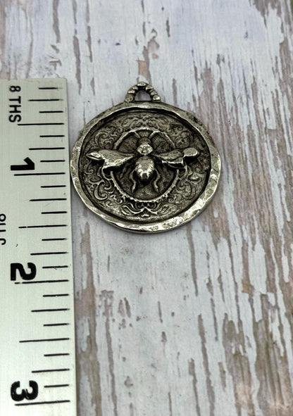 Pendentif Abeille Ronde, Étain vieilli - PT449
