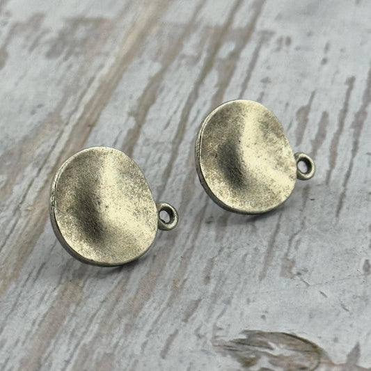 Wavy Hammered Round Medallion Earring Posts, Antiqued Pewter - PT528