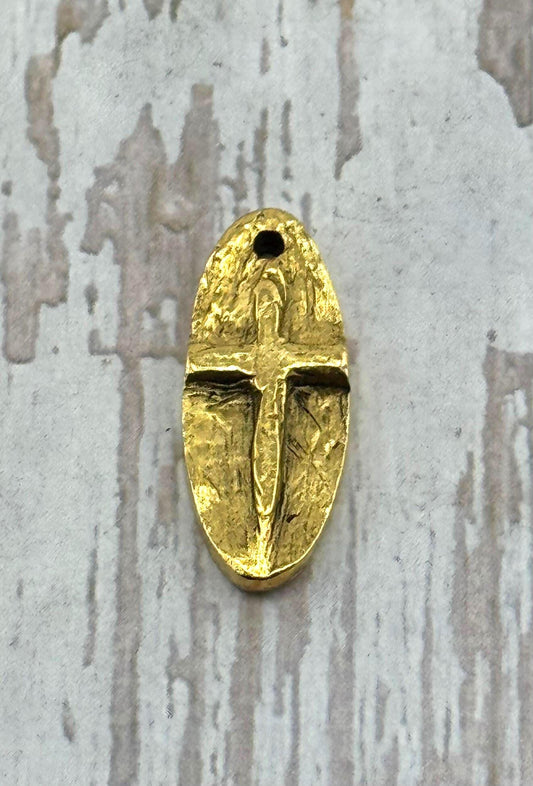 Oval Embossed Cross Charm, Antiqued 18k Gold Plated - AG127