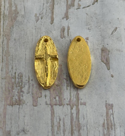 Oval Embossed Cross Charm, Satin 18k Gold Plated - ST307