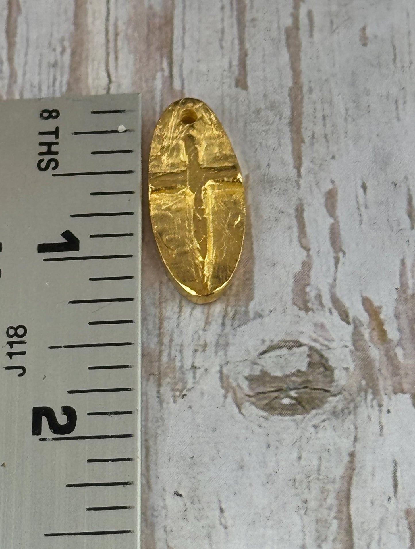 Oval Embossed Cross Charm, Satin 18k Gold Plated - ST307