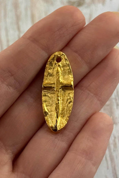 Oval Embossed Cross Charm, Satin 18k Gold Plated - ST307