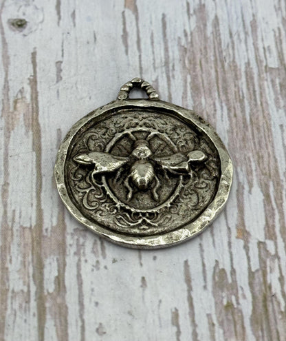 Pendentif Abeille Ronde, Étain vieilli - PT449