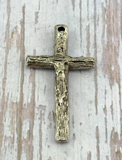 Grand pendentif croix rustique, étain vieilli - PT474