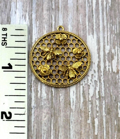 Bees and Flowers Medallion, Antiqued 18k Gold Plated - AG553