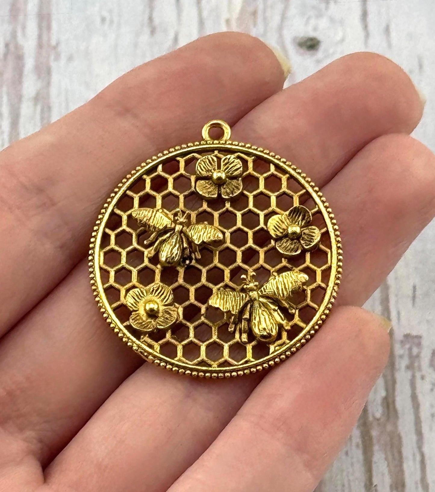 Bees and Flowers Medallion, Antiqued 18k Gold Plated - AG553