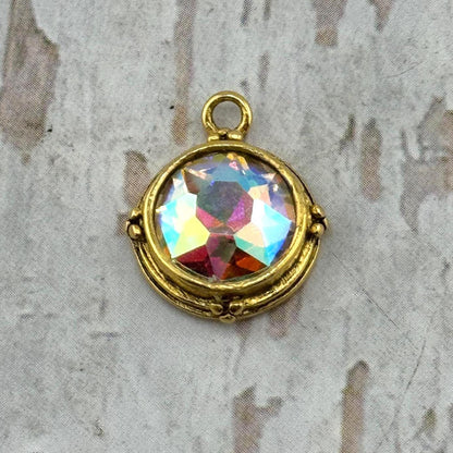 Iridescent AB Crystal Round Bezel Charm, Antiqued 18k Gold Plated - AG541