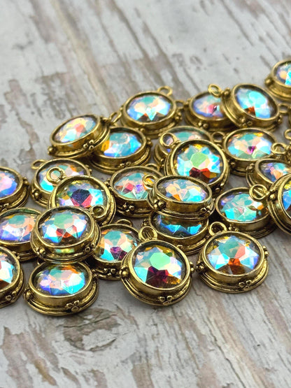 Iridescent AB Crystal Round Bezel Charm, Antiqued 18k Gold Plated - AG541
