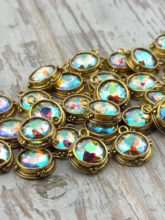 Iridescent AB Crystal Round Bezel Charm, Antiqued 18k Gold Plated - AG541