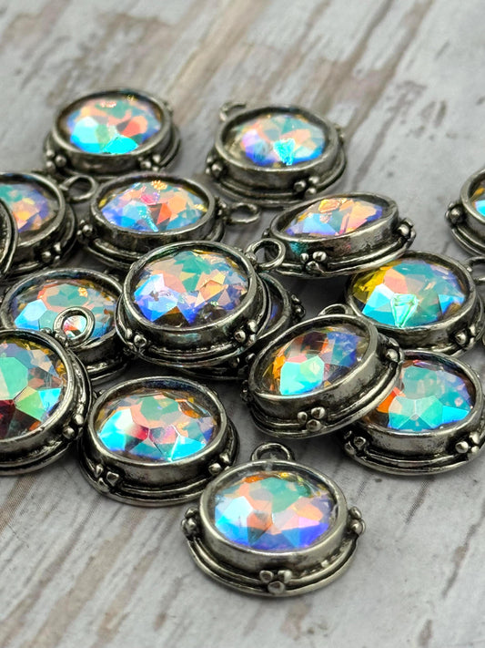 Iridescent AB Crystal Round Bezel Charm, Antiqued Pewter Plated - PT543