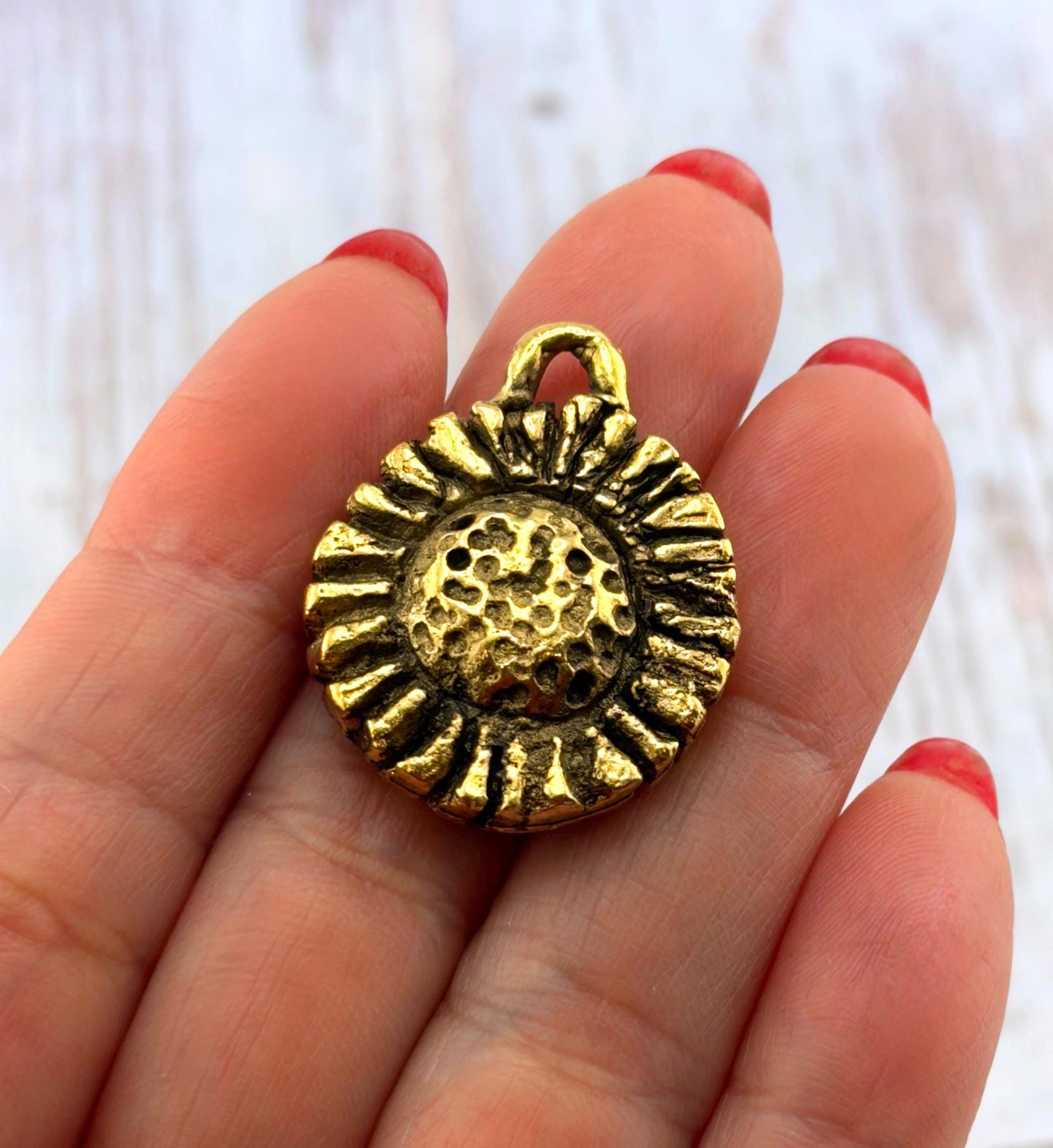 Rustic Sunflower Charm, Antiqued 18k Gold Plated - AG106