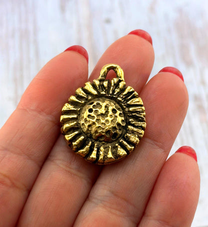 Rustic Sunflower Charm, Antiqued 18k Gold Plated - AG106