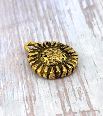 Rustic Sunflower Charm, Antiqued 18k Gold Plated - AG106