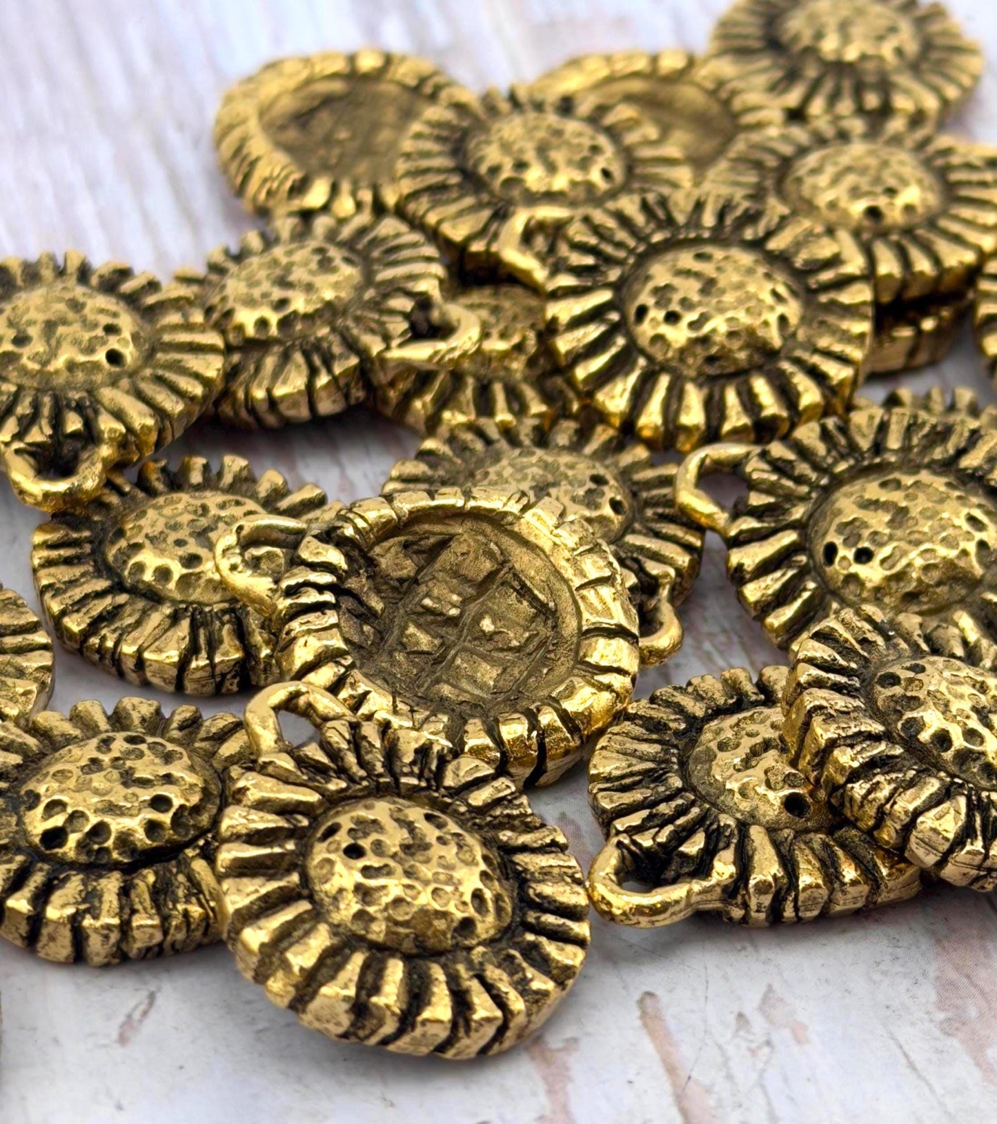 Rustic Sunflower Charm, Antiqued 18k Gold Plated - AG106