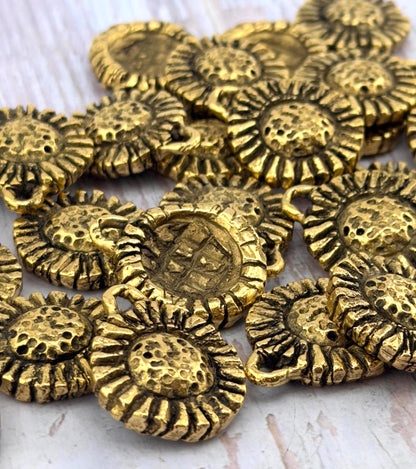 Rustic Sunflower Charm, Antiqued 18k Gold Plated - AG106
