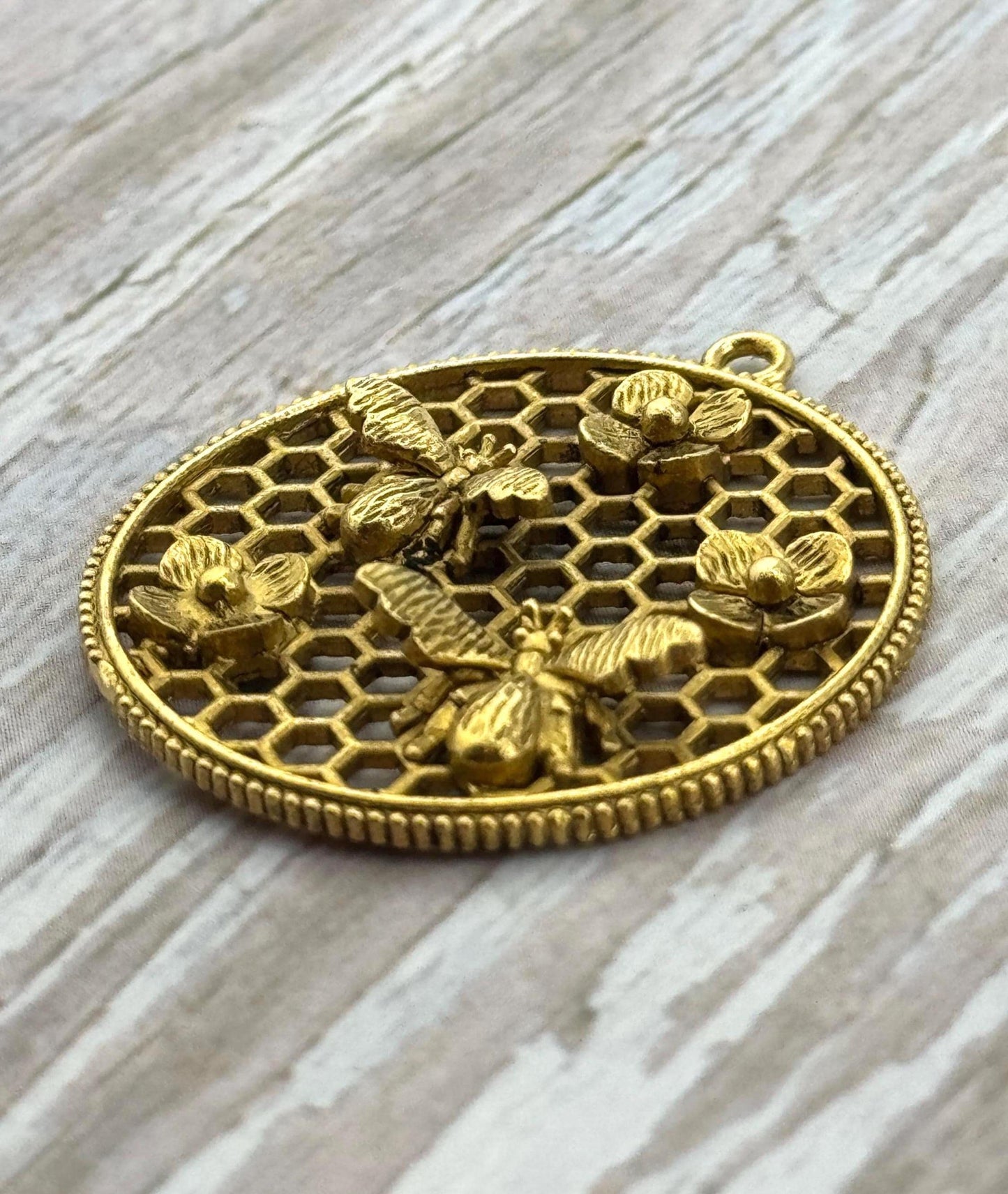 Bees and Flowers Medallion, Antiqued 18k Gold Plated - AG553